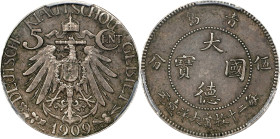 (t) CHINA. Kiau Chau. 5 Cents, 1909. Berlin Mint. Wilhelm II. PCGS EF-45.
KM-1; K-873; J-729.

Estimate: $200.00- $300.00

1909年青島大德國寶伍分。柏林鑄幣廠。
...