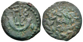 JUDAEA. Jerusalem. Tiberius, 14-37. Prutah (Bronze, 16 mm, 1.97 g, 3 h), under Valerius Gratus as procurator, dated LB = year 2 = 15. KAI/CAP in two l...