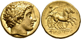 KINGS OF MACEDON. Philip II, 359-336 BC. Stater (Gold, 19 mm, 8.60 g, 11 h), Pella, circa 340/36-328. Laureate head of Apollo to right. Rev. ΦΙΛΙΠΠΟΥ ...