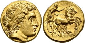 KINGS OF MACEDON. Philip II, 359-336 BC. Stater (Gold, 17 mm, 8.62 g, 12 h), Kolophon, struck under Philip III by Menander or Kleitos, circa 322-319. ...