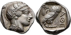 ATTICA. Athens. Circa 430s-420s BC. Tetradrachm (Silver, 26 mm, 17.23 g, 10 h). Head of Athena to right, wearing crested Attic helmet decorated with t...