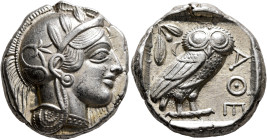 ATTICA. Athens. Circa 430s-420s BC. Tetradrachm (Silver, 24 mm, 17.21 g, 1 h). Head of Athena to right, wearing crested Attic helmet decorated with th...