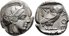 ATTICA. Athens. Circa 430s-420s BC. Tetradrachm (Silver, 23 mm, 17.16 g, 1 h). Head of Athena to right, wearing crested Attic helmet decorated with th...