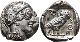 ATTICA. Athens. Circa 420s-404 BC. Tetradrachm (Silver, 26 mm, 17.18 g, 4 h). Head of Athena to right, wearing crested Attic helmet decorated with thr...