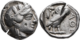 ATTICA. Athens. Circa 420s-404 BC. Tetradrachm (Silver, 23 mm, 17.09 g, 3 h). Head of Athena to right, wearing crested Attic helmet decorated with thr...