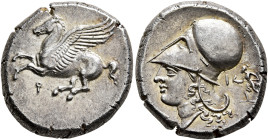 CORINTHIA. Corinth. Circa 375-300 BC. Stater (Silver, 21 mm, 8.60 g, 6 h). Pegasos flying left; below, Ϙ. Rev. Head of Athena to left, wearing Corinth...