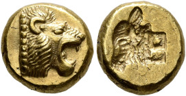 LESBOS. Mytilene. Circa 521-478 BC. Hekte (Electrum, 10 mm, 2.56 g, 9 h). Head of a roaring lion to right. Rev. Incuse head of a calf to left with rec...