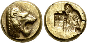 LESBOS. Mytilene. Circa 521-478 BC. Hekte (Electrum, 11 mm, 2.59 g, 9 h). Head of a roaring lion to right. Rev. Incuse head of a calf to right with re...