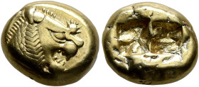 KINGS OF LYDIA. Alyattes to Kroisos, circa 610-546 BC. Trite (Electrum, 13 mm, 4.70 g), Sardes. Head of a lion with sun and rays on its forehead to ri...