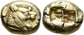 KINGS OF LYDIA. Alyattes to Kroisos, circa 610-546 BC. Trite (Electrum, 13 mm, 4.74 g), Sardes. Head of a lion with sun and rays on its forehead to ri...