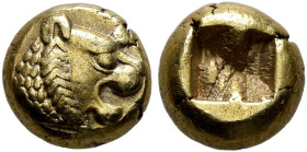 KINGS OF LYDIA. Alyattes to Kroisos, circa 610-546 BC. Hemihekte – 1/12 Stater (Electrum, 7 mm, 1.18 g), Sardes. Head of a lion with sun and rays on i...