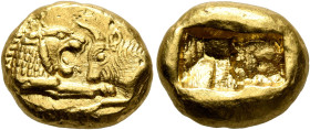 KINGS OF LYDIA. Kroisos, circa 560-546 BC. Stater (Gold, 15 mm, 8.08 g), light standard, Sardes. Confronted foreparts of a lion, on the left, and a bu...