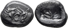 KINGS OF LYDIA. Kroisos, circa 560-546 BC. Siglos (Silver, 16 mm, 5.07 g), Sardes. Confronted foreparts of a lion and a bull. Rev. Two incuse squares,...