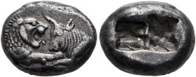 KINGS OF LYDIA. Kroisos, circa 560-546 BC. 1/3 Stater (Silver, 14 mm, 3.52 g), Sardes. Confronted foreparts of a lion and a bull. Rev. Two incuse squa...