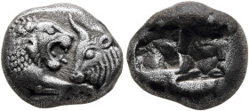 KINGS OF LYDIA. Kroisos, circa 560-546 BC. 1/3 Stater (Silver, 13 mm, 3.51 g), Sardes. Confronted foreparts of a lion and a bull. Rev. Two incuse squa...