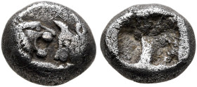 KINGS OF LYDIA. Kroisos, circa 560-546 BC. 1/12 Stater (Silver, 77 mm, 0.85 g), Sardes. Confronted foreparts of a lion and a bull. Rev. Incuse square ...