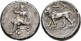 SELEUKID KINGS OF SYRIA. Seleukos I Nikator, 312-281 BC. Tetradrachm (Silver, 24 mm, 16.39 g, 3 h), Babylon II, circa 311-305. Baaltars seated left, h...