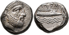 PHOENICIA. Arados. Circa 348/7-339/8 BC. Stater (Silver, 19 mm, 10.53 g, 9 h). Laureate head of Ba'al-Arwad to right; on cheek, countermark: &#67841; ...