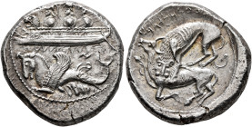 PHOENICIA. Byblos. Uzzibaal, circa 365-350 BC. Shekel (Silver, 25 mm, 13.16 g, 3 h). Three hoplites, holding shields, on galley left above waves, prow...