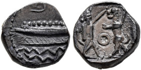 PHOENICIA. Sidon. Ba`alšillem (Sakton) II, circa 401-366 BC. 1/16 Shekel (Silver, 9 mm, 0.76 g, 9 h). Phoenician galley left; &#67841; (B in Phoenicia...