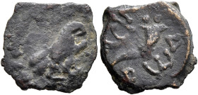 JUDAEA, Herodians. Herod I (the Great), 40-4 BCE. Half Prutah (Bronze, 14 mm, 1.00 g), Jerusalem. Eagle standing to right. Rev. [Β]ΑCIΛ[ЄⲰC] - [H]PⲰΔ[...