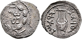 JUDAEA, Bar Kochba Revolt. 132-135 CE. Zuz or Denarius (Silver, 20 mm, 2.94 g, 5 h), undated, but attributed to year 3 (134/5 CE). 'Shim'on' (in Hebre...