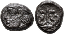 PHILISTIA (PALESTINE). Uncertain mint. Mid 5th century-333 BC. Drachm (Silver, 13 mm, 3.27 g, 9 h). Bearded male head to left. Rev. Paradise flower wi...