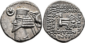 KINGS OF PARTHIA. Phraates IV, circa 38-2 BC. Drachm (Silver, 19 mm, 3.69 g, 12 h), Ekbatana. Diademed and draped bust of Phraates IV to left, being c...