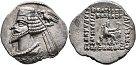 KINGS OF PARTHIA. Phraates IV, circa 38-2 BC. Drachm (Silver, 21 mm, 3.92 g, 12 h), Ekbatana. Diademed and draped bust of Phraates IV to left, being c...