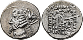 KINGS OF PARTHIA. Phraates IV, circa 38-2 BC. Drachm (Silver, 19 mm, 4.00 g, 12 h), Rhagai. Diademed and draped bust of Phraates IV to left, being cro...