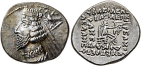 KINGS OF PARTHIA. Phraates IV, circa 38-2 BC. Drachm (Silver, 19 mm, 4.10 g, 1 h), Rhagai. Diademed and draped bust of Phraates IV to left, being crow...