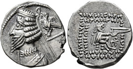 KINGS OF PARTHIA. Phraates IV, circa 38-2 BC. Drachm (Silver, 18 mm, 4.00 g, 1 h), Rhagai. Diademed and draped bust of Phraates IV to left, being crow...