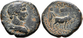 JUDAEA. Aelia Capitolina (Jerusalem). Hadrian, 117-138. AE (Bronze, 24 mm, 9.78 g, 11 h). [IMP CAES TRAIANO HAD]RIANO [AVG] P P Laureate, draped and c...