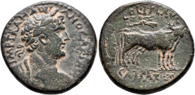 JUDAEA. Caesaraea Maritima. Hadrian, 117-138. AE (Bronze, 30 mm, 18.99 g, 12 h). IMP TRA HADRIANO CAES AVG Laureate, draped and cuirassed bust of Hadr...