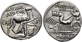 M. Aemilius Scaurus and Pub. Plautius Hypsaeus, 58 BC. Denarius (Silver, 18 mm, 3.92 g, 3 h), Rome. M SCAVR / AED CVR / EX - S C / [REX ARETAS] Nabate...