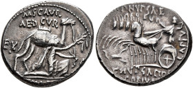 M. Aemilius Scaurus and Pub. Plautius Hypsaeus, 58 BC. Denarius (Silver, 19 mm, 3.71 g, 8 h), Rome. M•SCAVR / AED•CVR / EX - S•C / [REX•ARETAS] Nabate...