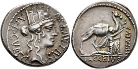 A. Plautius, 55 BC. Denarius (Silver, 18 mm, 3.83 g, 7 h), Rome. A•PLAVTIVS / AED•CVR•S•C Head of Cybele to right, wearing turreted crown and pendant ...