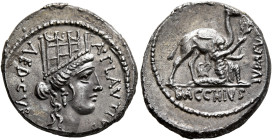 A. Plautius, 55 BC. Denarius (Silver, 19 mm, 3.91 g), Rome. A•PLAVTIVS / AED•CVR•S•C Head of Cybele to right, wearing turreted crown and pendant earri...