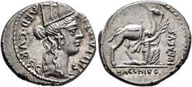 A. Plautius, 55 BC. Denarius (Silver, 18 mm, 4.00 g, 12 h), Rome. A•PLAVTIVS / AED•CVR•S•C Head of Cybele to right, wearing turreted crown and pendant...