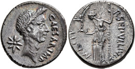 Julius Caesar, 49-44 BC. Denarius (Silver, 17 mm, 3.95 g, 4 h), with P. Sepullius Macer, Rome, second half of February 44. CAESAR•[IMP] Laureate head ...