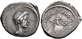 Julius Caesar, 49-44 BC. Denarius (Silver, 18 mm, 4.00 g, 7 h), L. Mussidius Longus, moneyer, Rome, 42 BC. Wreathed head of Julius Caesar to right. Re...