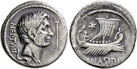 Sextus Pompey, † 35 BC. Denarius (Silver, 19 mm, 3.54 g, 11 h), Q. Nasidius, commander of the fleet. Massalia, 42-38. NEPTVNI Bare head of Pompey the ...