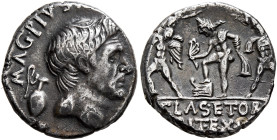 Sextus Pompey, 43-35 BC. Denarius (Silver, 16 mm, 3.86 g, 7 h), military mint in Sicily, 37-36. MAG PIVS [IMP ITER] Bare head of Cn. Pompeius Magnus t...