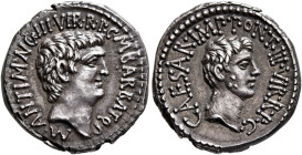 Mark Antony and Octavian. Denarius (Silver, 19 mm, 4.00 g, 12 h), with M. Barbatius, Ephesus (?), 41 BC. M•ANT IMP•AVG III•VIR•R•P•C•M BARBAT•Q•P Bare...