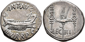 Mark Antony, 44-30 BC. Denarius (Silver, 17 mm, 3.59 g, 6 h), military mint moving with Mark Antony (Patrae?), 32-31. ANT AVG - III VIR•R•P•C Galley r...