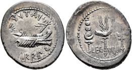 Mark Antony, 44-30 BC. Denarius (Silver, 21 mm, 3.67 g, 1 h), military mint moving with Mark Antony (Patrae?), 32-31. ANT•AVG - III•VIR•R•P•C Galley r...