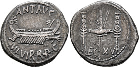 Mark Antony, 44-30 BC. Denarius (Silver, 18 mm, 3.51 g, 6 h), military mint moving with Mark Antony (Patrae?), 32-31. ANT•AVG - III VIR•R•P•C Galley r...