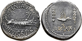 Mark Antony, 44-30 BC. Denarius (Subaeratus, 17 mm, 3.22 g, 11 h), a contemporary plated imitation from an irregular mint, 32-31. ANT•AVG - III•VIR•R•...