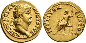 Nero, 54-68. Aureus (Gold, 19 mm, 7.32 g, 5 h), Rome, 64-65. NERO CAESAR AVGVSTVS Laureate head of Nero to right. Rev. IVPPITER CVSTOS Jupiter seated ...