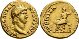 Nero, 54-68. Aureus (Gold, 18 mm, 7.32 g, 8 h), Rome, 64-65. NERO CAESAR AVGVSTVS Laureate head of Nero to right. Rev. IVPPITER CVSTOS Jupiter seated ...